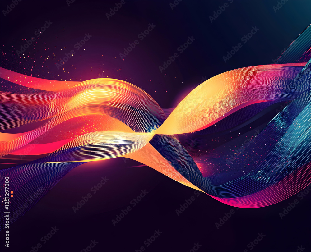 Poster vector background with colorful musical notes and waves on a dark black background