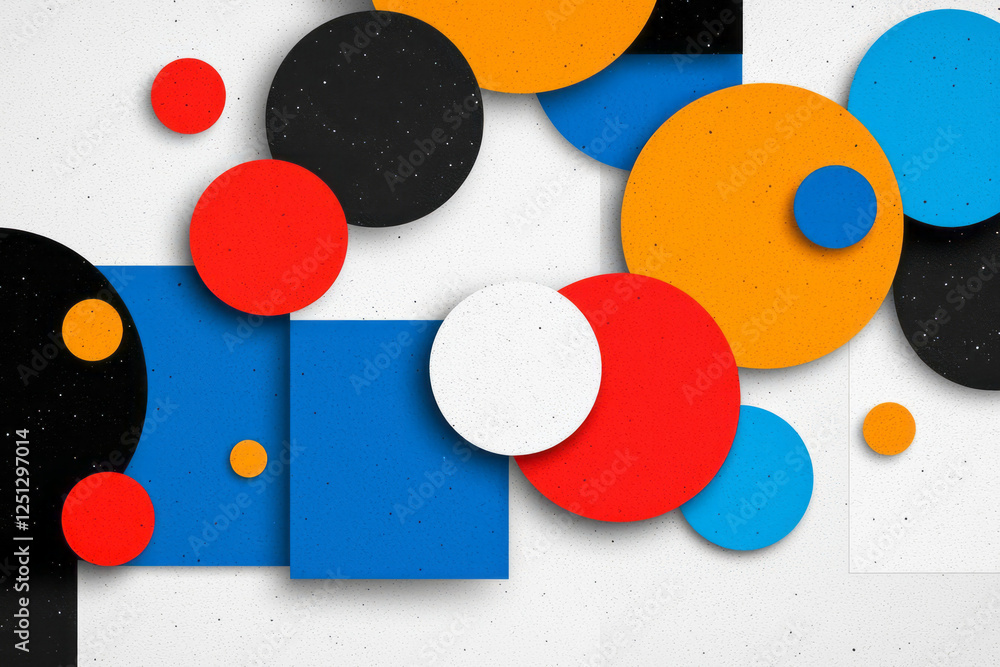 Poster a modern fusion of squares, triangles, and circles in bold colors, coated in a glossy material for