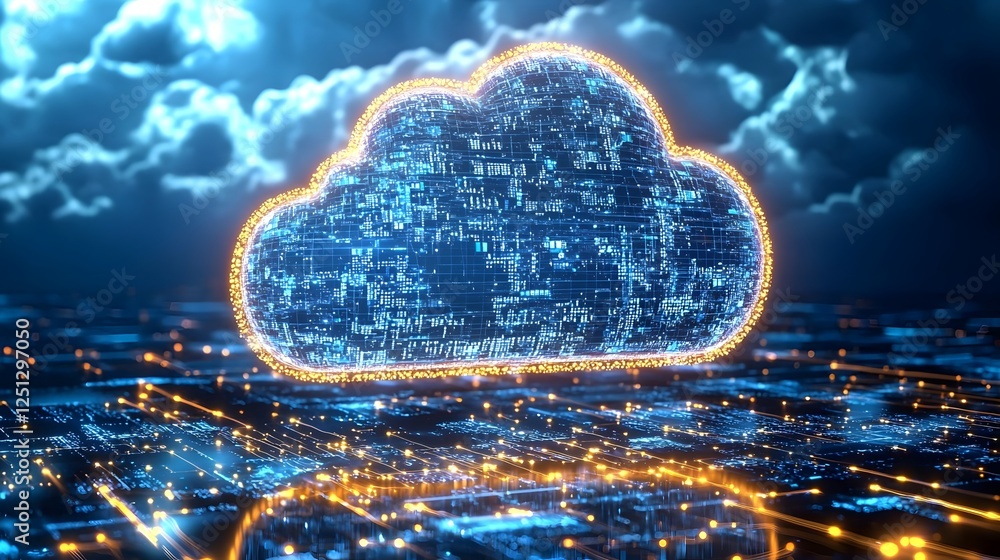 Poster glowing cloud icon with dynamic flowing data streams representing the ever evolving interconnected n