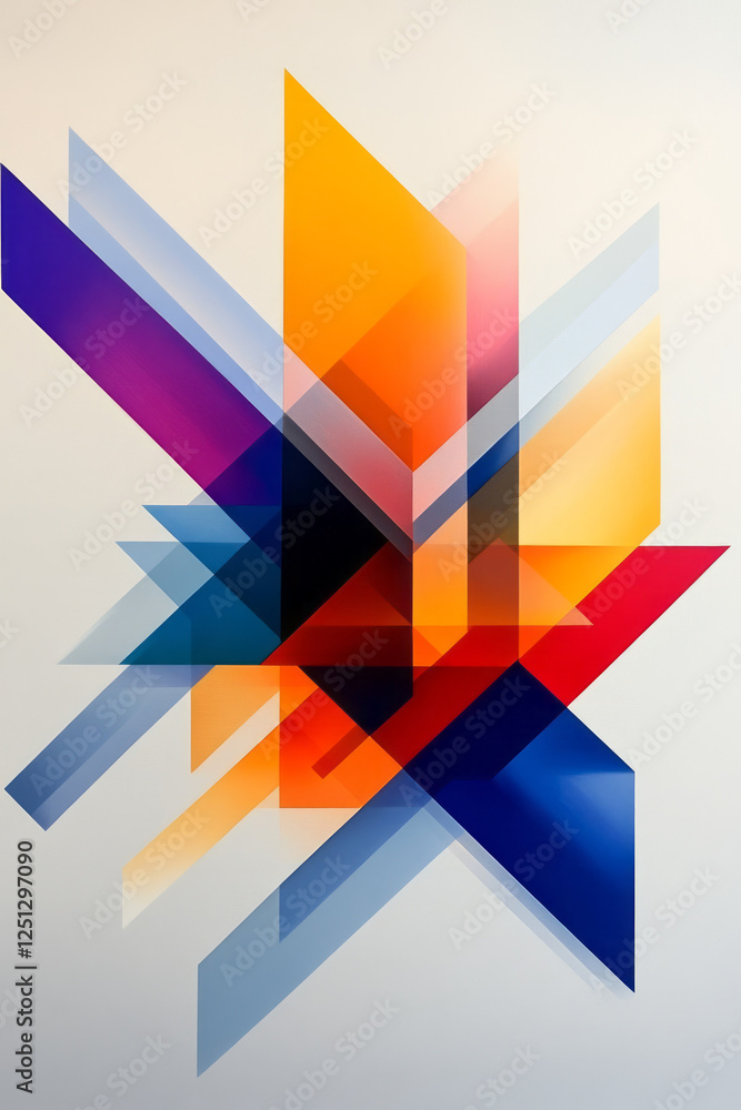 Poster a polished array of dynamic shapes and angles, combining saturated hues and a sleek surface for a