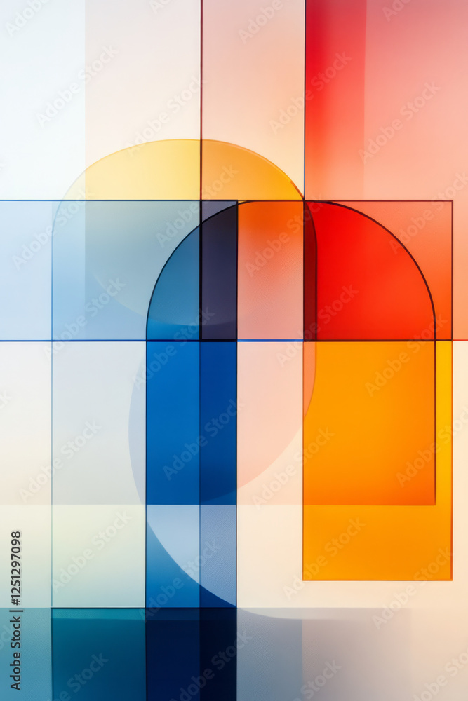 Poster a polished array of dynamic shapes and angles, combining saturated hues and a sleek surface for a