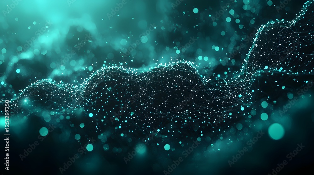 Poster futuristic scene of interconnected data nodes forming a glowing digital cloud abstract visualization