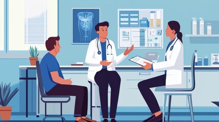 A doctor discusses health concerns with a patient in a modern clinic setting, emphasizing communication and care.