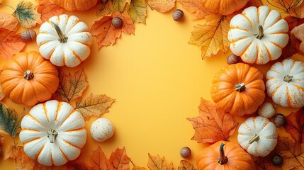 a vibrant autumn themed vertical image featuring an arrangement of orange and white pumpkins on a yellow background with scattered leaves and acorns, capturing the essence of fall.