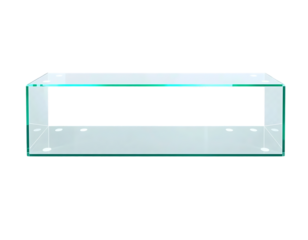 Minimalist transparent glass shelf with a sleek, modern design, perfect for contemporary interior decor and storage solutions. Isolated on transparent background, png.