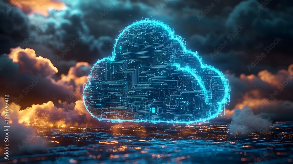 Aufkleber surreal digital landscape showcasing a glowing neon charged cloud formation illuminated by intricate