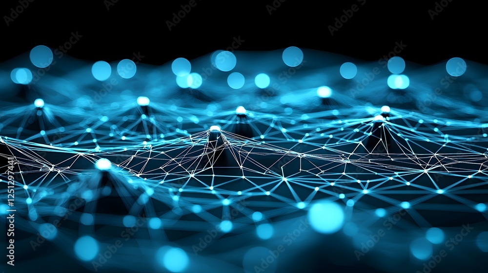 Poster a futuristic scene showcasing an abstract network of interconnected data nodes forming a glowing clo