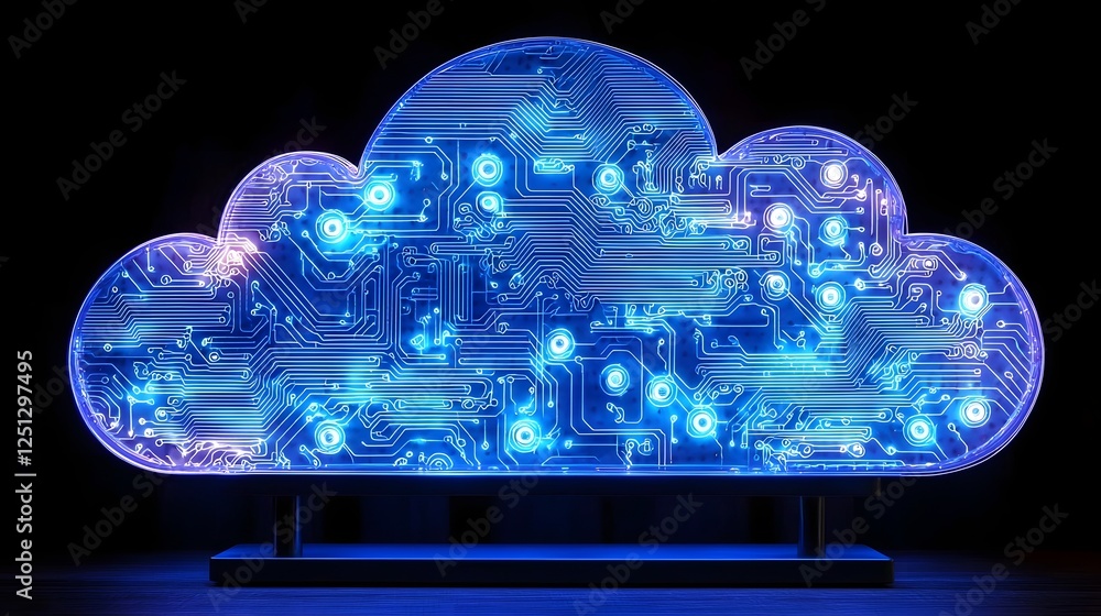 Poster illuminated digital cloud with glowing neon blue circuit patterns representing the interconnected na