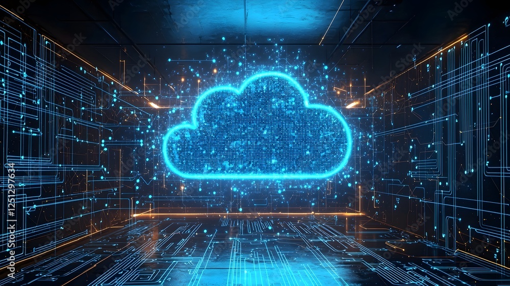 Poster glowing data cloud structure with vibrant neon blue circuit patterns and digital elements symbolizin