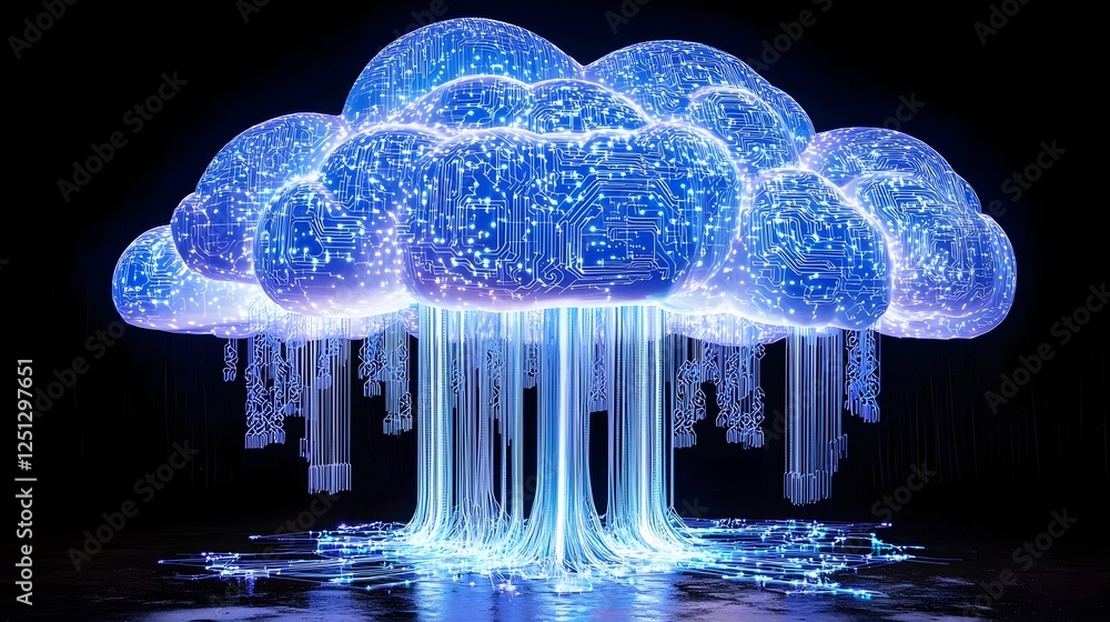 Poster glowing digital data cloud with illuminating neon blue circuits fractals and futuristic technologica