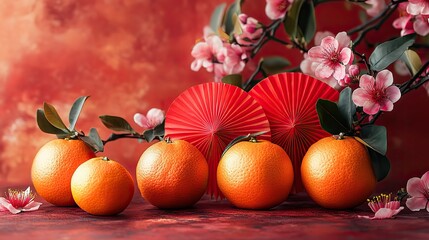 a vibrant chinese new year setup features tangerines, a sakura branch and red paper fans on a red background symbolizing prosperity and tradition in this cultural celebration.