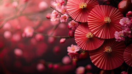 Obraz premium a vibrant chinese new year themed vertical image featuring red paper fans, cherry blossoms, and gold ingots symbolizing prosperity and celebration, ideal for festive and cultural representation.