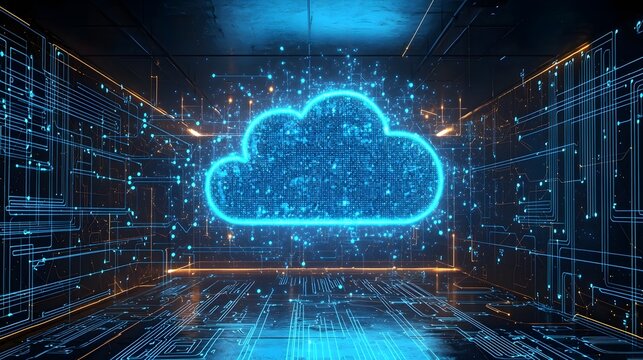 Glowing data cloud structure with vibrant neon blue circuit patterns and digital elements symbolizing the power and connectivity of advanced intelligence and the future of technology