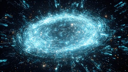 Holographic data cloud surrounded by a dynamic field of floating data points creating a futuristic abstract visualization of technology information and the digital universe