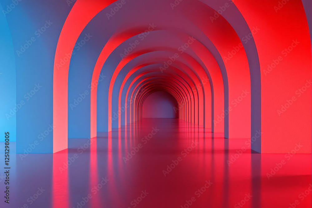 Poster a gleaming corridor of translucent columns and arches, illuminated by dynamic red and blue lights,