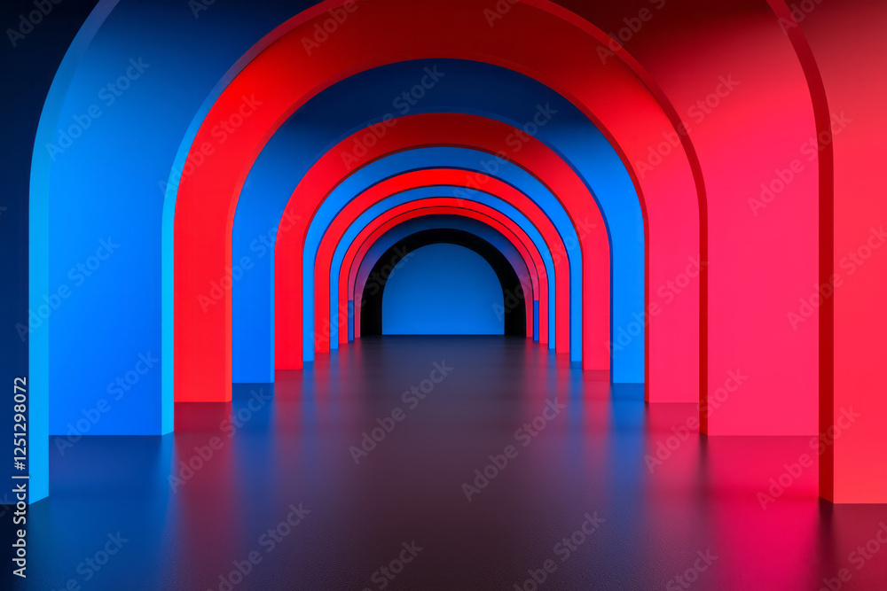 Poster a crystalline corridor suffused with intertwining red and blue radiance, creating an otherworldly,