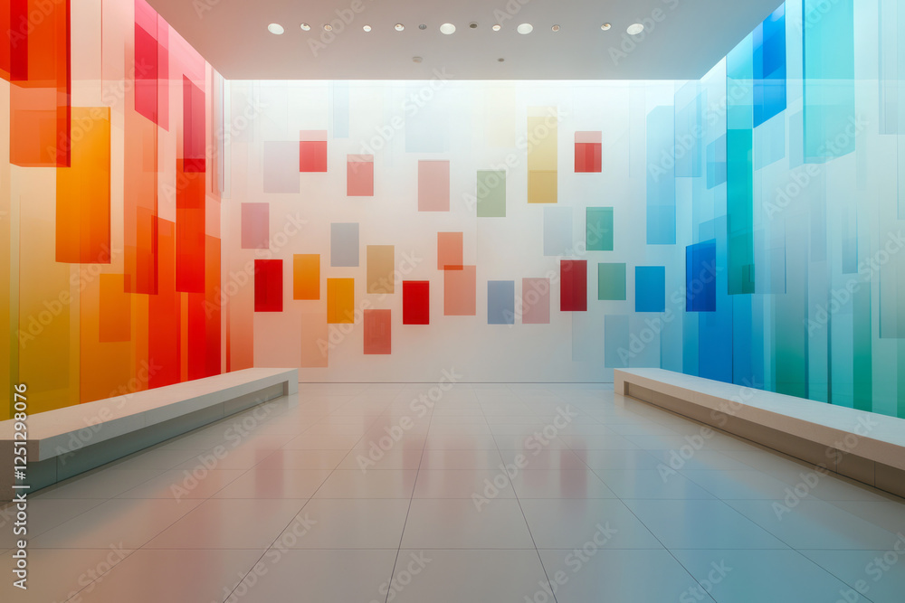 Leinwandbilder a minimalistic passageway of prismatic glass blocks casting vivid red and blue patterns, forging a