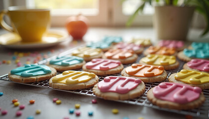Colorful iced cookies with fun designs and sprinkles