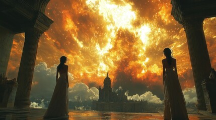 Fototapeta premium Two Women Gaze Upon A Fiery Celestial Event Above A City