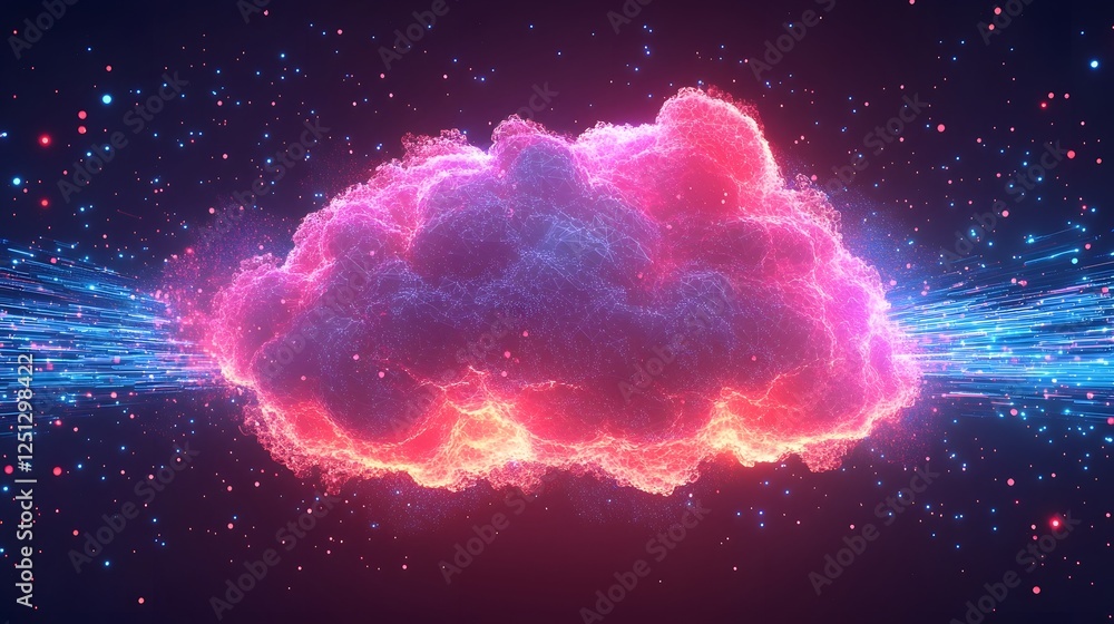 Poster futuristic digital cloud with streaming data elements glowing and pulsing in a cosmic surreal space 