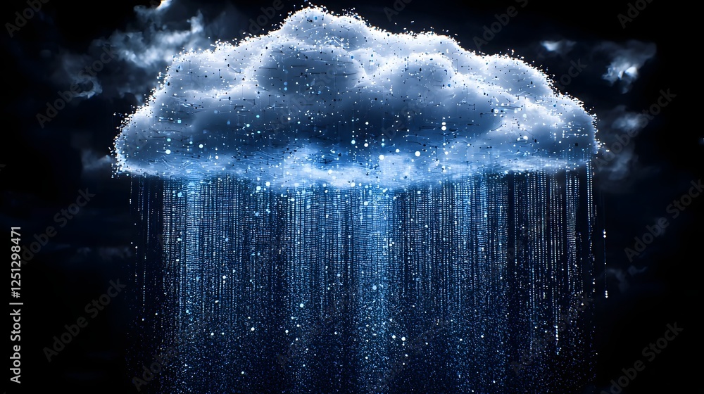 Poster futuristic digital cloud with cascading streams of data elements against a dark atmospheric backdrop