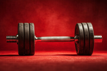 Naklejka premium Black Dumbbell for Fitness Isolated on Bold Red Background