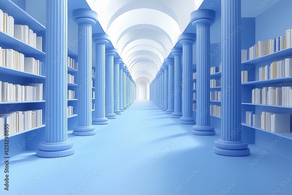 Poster a serene library interior featuring tall blue columns and shelves filled with white books. the space