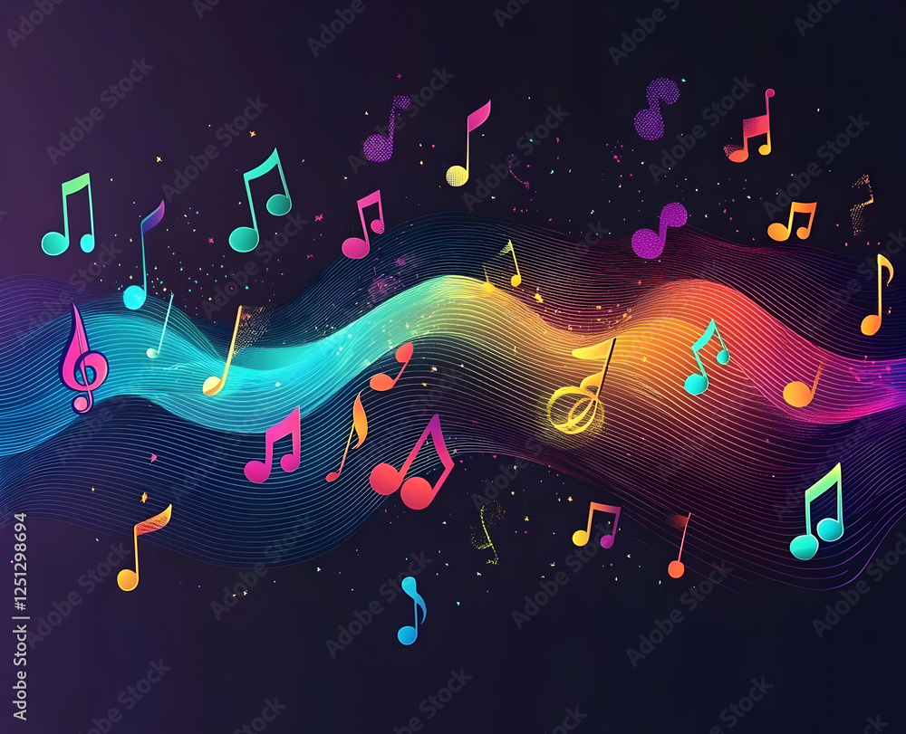 Poster vector background with colorful musical notes and waves on a dark black background