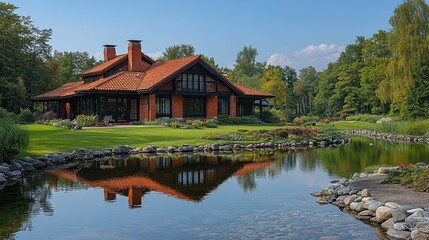 Obraz premium Brick house reflecting in pond, landscaped garden, sunny day, real estate