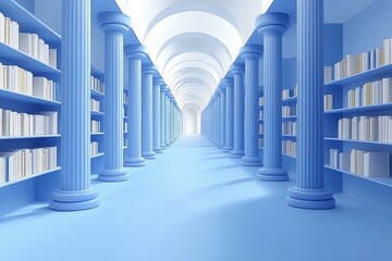 A serene library interior featuring tall blue columns and shelves filled with white books. The space is illuminated with soft lighting, creating a tranquil atmosphere. 3d rendering.