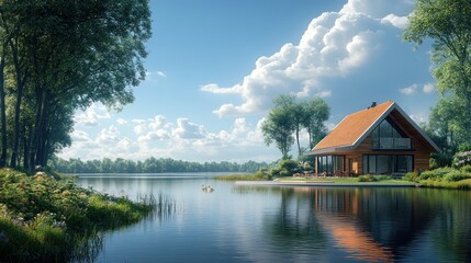 Fototapeta premium Lakeside Cabin, Summer Day, Tranquil Nature, Vacation Home