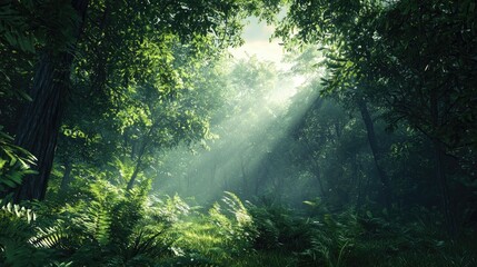 Fototapeta premium Sunbeams Illuminating Lush Forest Path