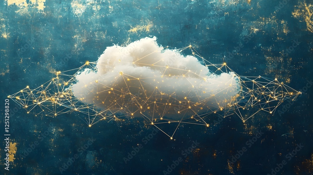 Poster ethereal cloud formation embedded within a dynamic network of digital links and connections symboliz