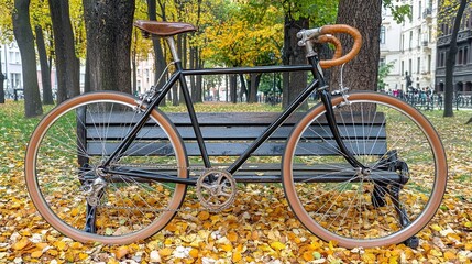 Fototapeta premium Autumn Park Bicycle Resting on Bench