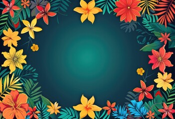 Fototapeta premium illustration vibrant floral background frame of tropical plants and flowers