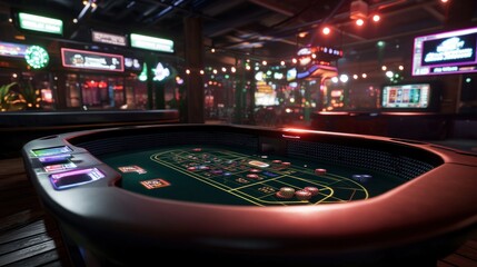 Vibrant casino scene with a gaming table, colorful lights, and lively atmosphere in the background