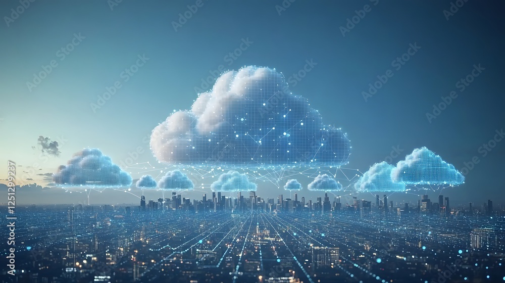 Poster futuristic digital cloud network with layers of interconnected data streams glowing over an illumina