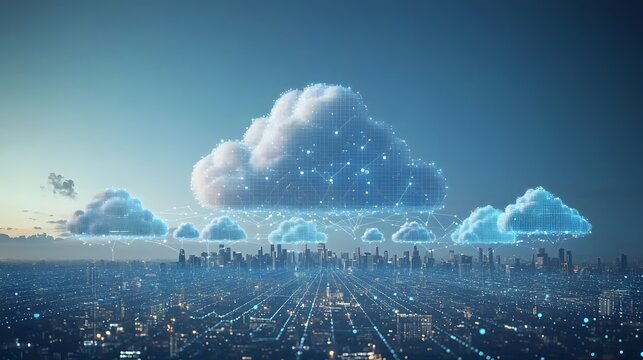 Futuristic digital cloud network with layers of interconnected data streams glowing over an illuminated modern urban cityscape  Conceptual visualization of smart technology information systems