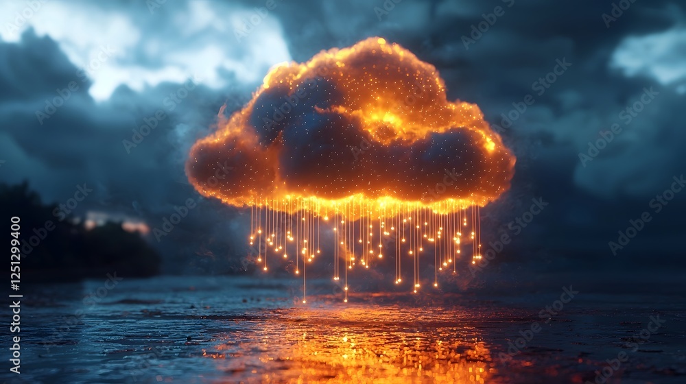 Aufkleber dramatic and futuristic glowing cloud formation with intricate network of digital circuits extending