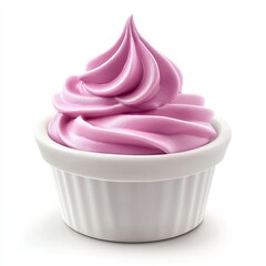 Pink frozen yogurt swirl in white ramekin, isolated, dessert