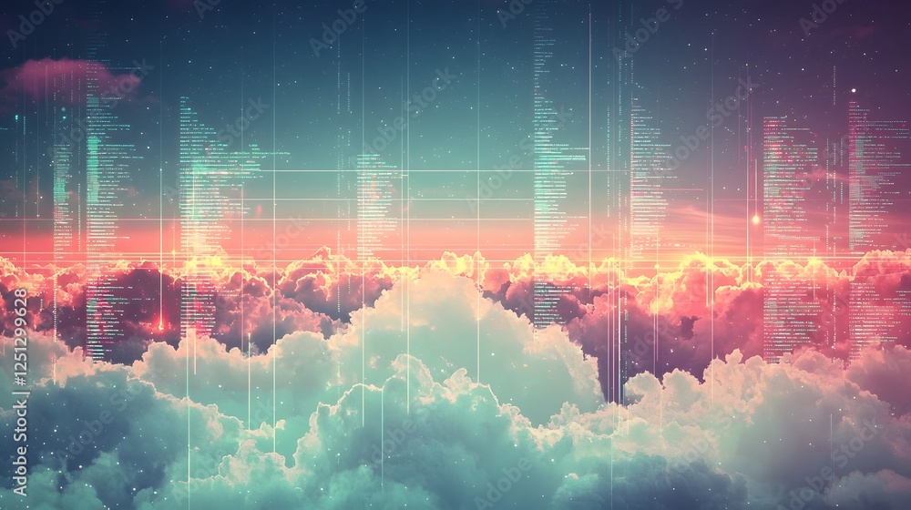 Poster ethereal and captivating cloud background with abstract lines of code luminous digital textures and 