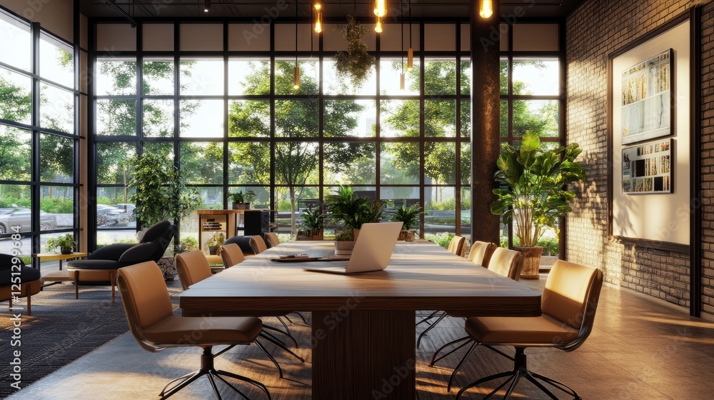 Poster open laptop on a table in a stylish office meeting space with large windows and soft lighting.