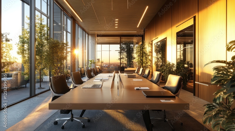 Poster open laptop on a table in a stylish office meeting space with large windows and soft lighting.
