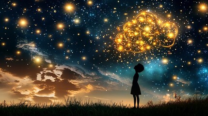 Information knowledge retrieval. A silhouetted figure gazes at a starry sky filled with glowing stars, creating a sense of wonder and exploration in a dreamy landscape.