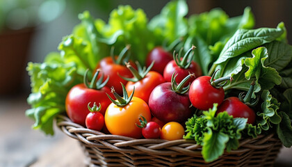 Fresh tomatoes and leafy greens in a wicker basket