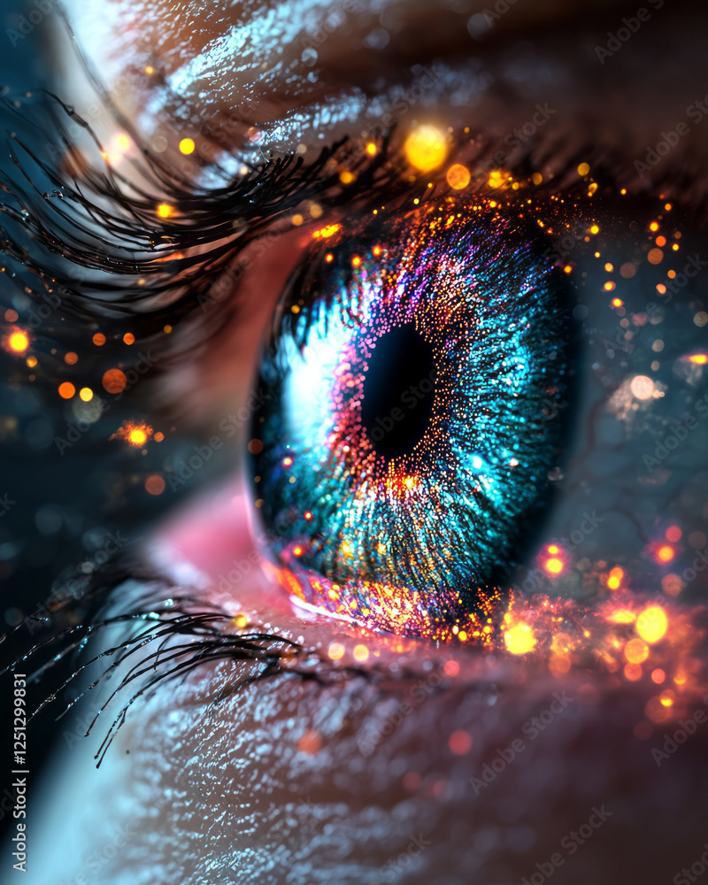 Poster a macro view of a piercing blue iris, wrapped in cascading neon streams that shimmer and reflect