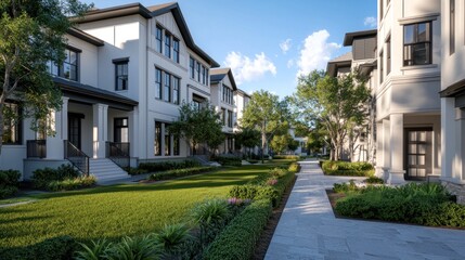 Modern residential neighborhood with landscaped gardens and clear blue skies in the background
