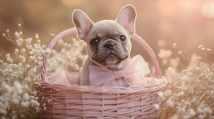 A fawn-colored French Bulldog puppy sits in a pink basket with a pink ribbon, surrounded by delicate white flowers.