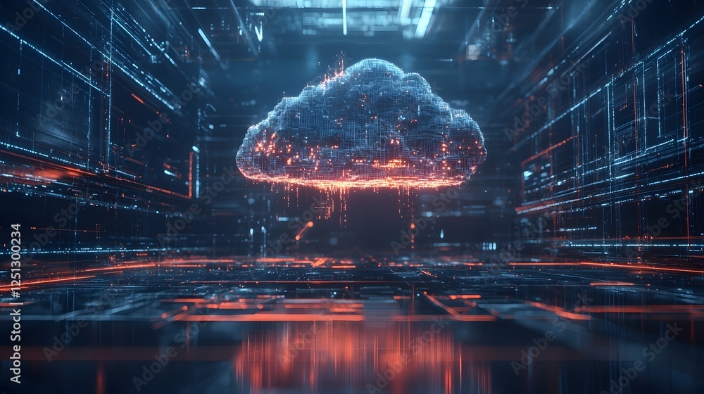 Poster glowing and dynamic data cloud hovering over a complex digital grid in a futuristic sci fi inspired 