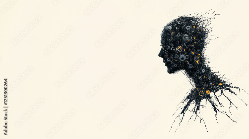 Poster a stylized android silhouette with a fractured torso, revealing layers of gleaming gears and